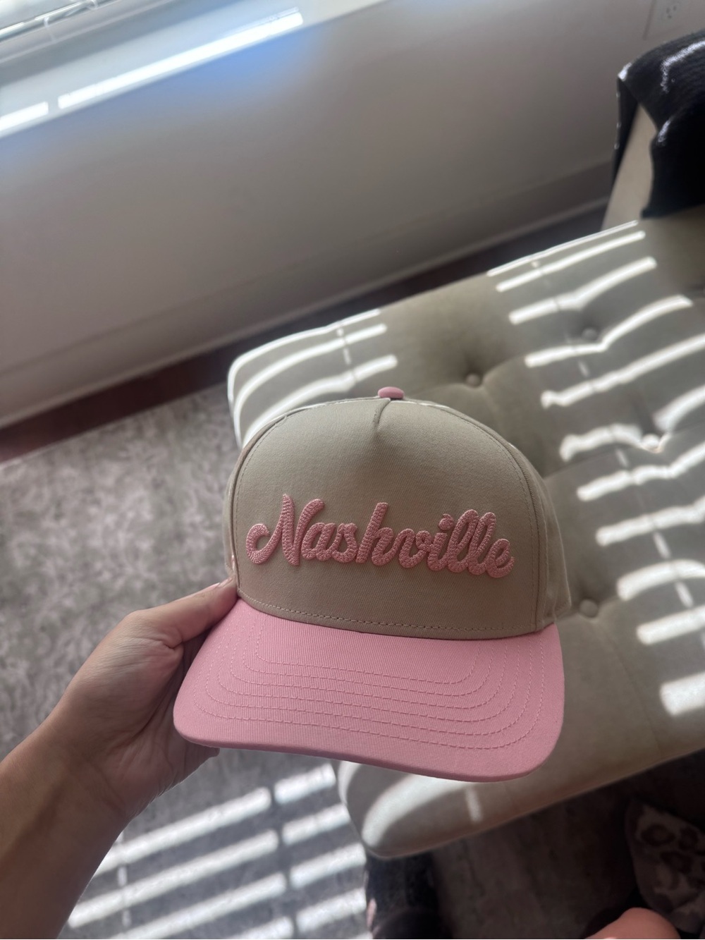 Nashville Script Trucker Hat - Pink and Tan